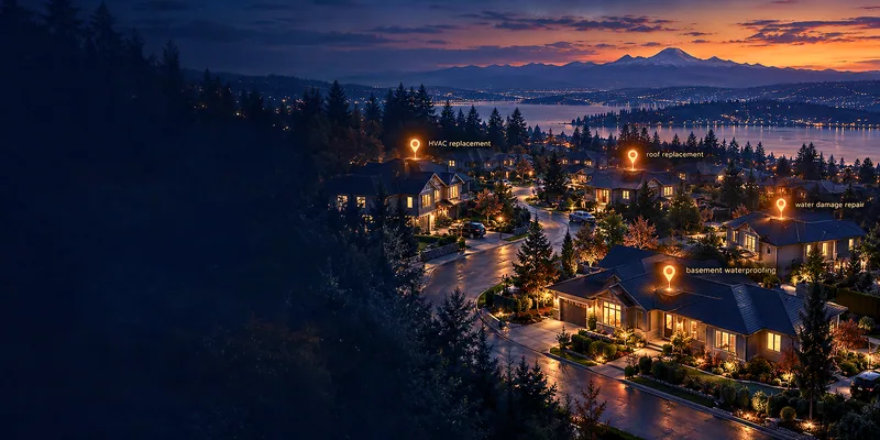 A hillside neighborhood at dusk with glowing pins over homes showing active needs: HVAC replacement, roof replacement, water damage repair, basement waterproofing