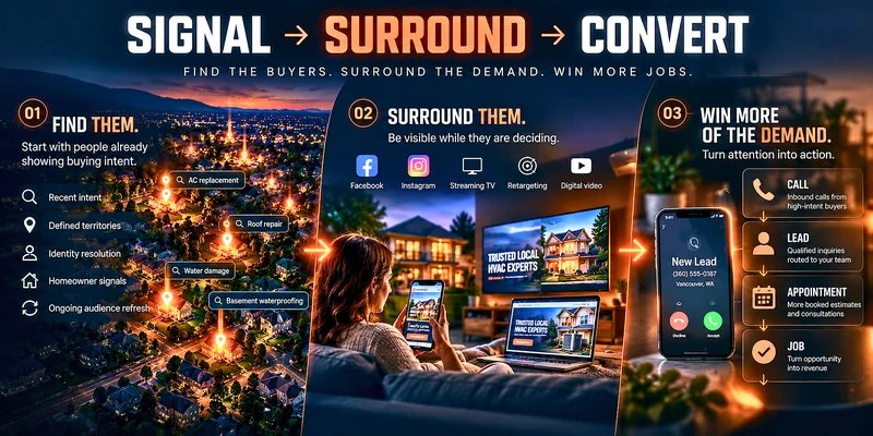 Signal → Surround → Convert: find the buyers on a market map, surround them across phone, laptop and TV, and win the call, lead, appointment and job