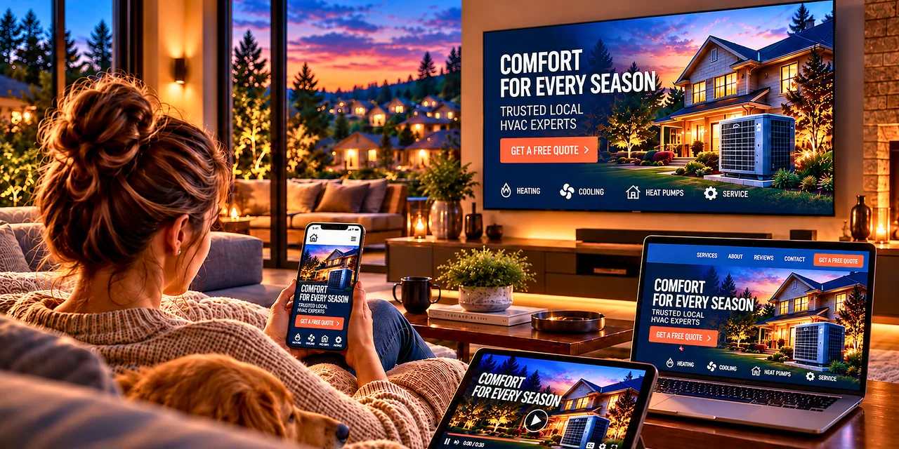 A homeowner on her sofa surrounded by the same local HVAC ad on her phone, laptop and television