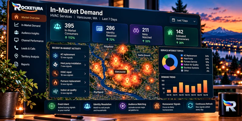 Rocketura in-market demand dashboard shown on a desktop monitor