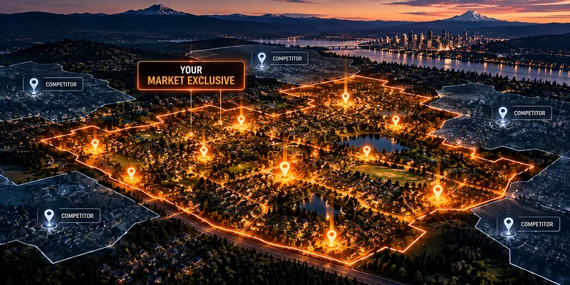 Aerial view of a suburban market at sunset with a gold-bordered exclusive territory surrounded by competitor zones