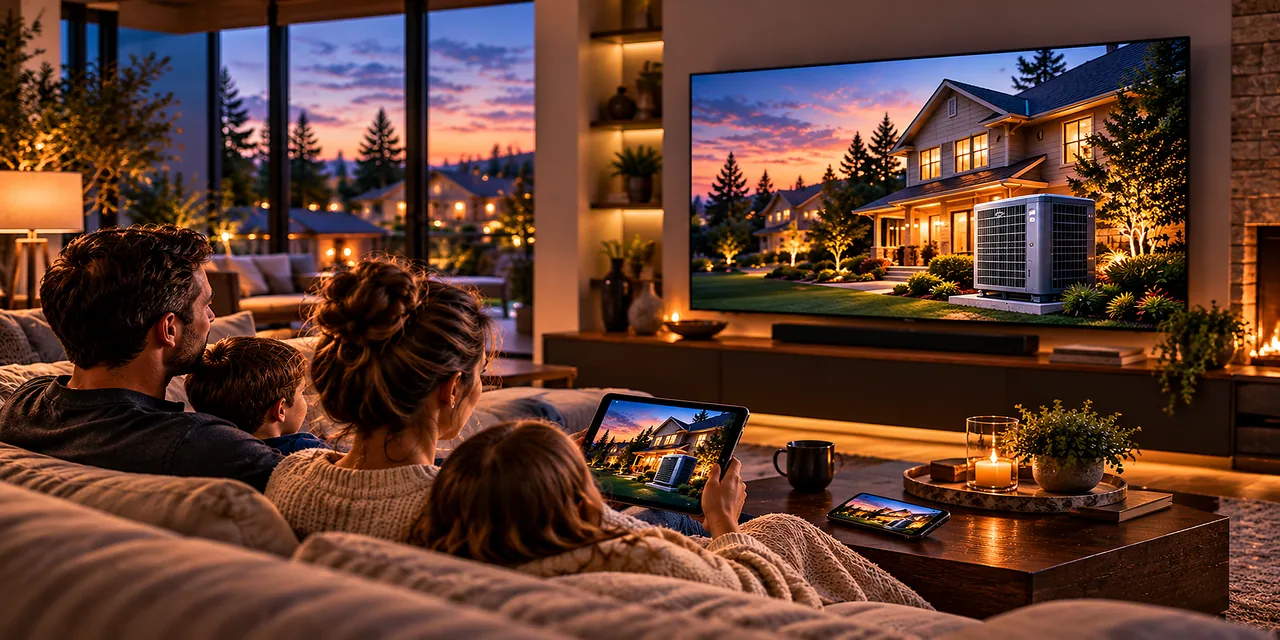 A family on the sofa at sunset watching a home-service commercial on streaming TV