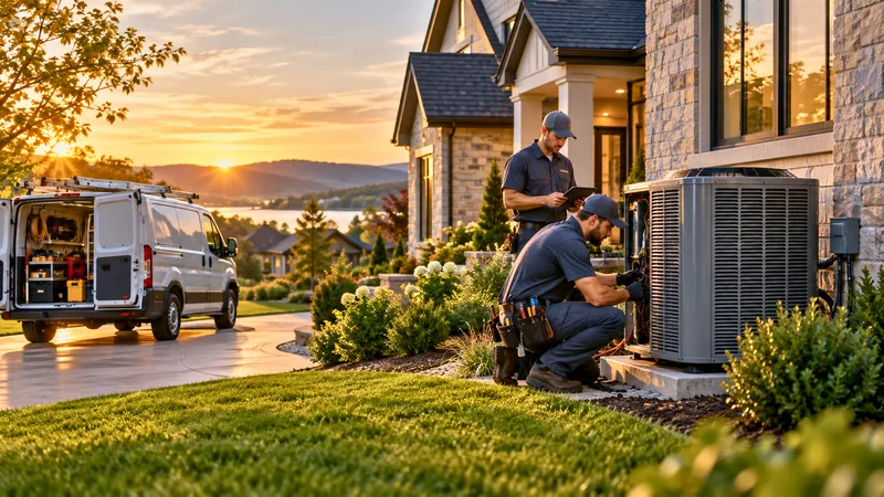 Two HVAC technicians servicing an outdoor condenser beside a home at sunset