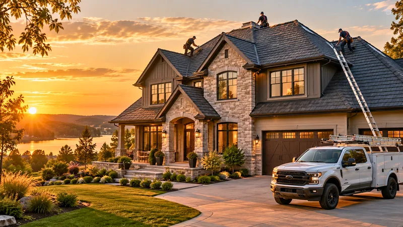 Roofing crew working on a large home at sunset