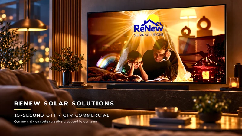 ReNew Solar 15-second OTT / CTV commercial playing on a living-room TV