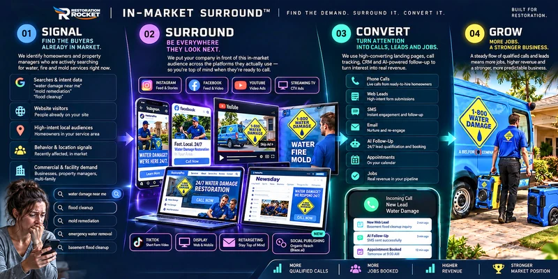 Rocketura In-Market Surround — system overview: Signal, Surround, Convert, Grow